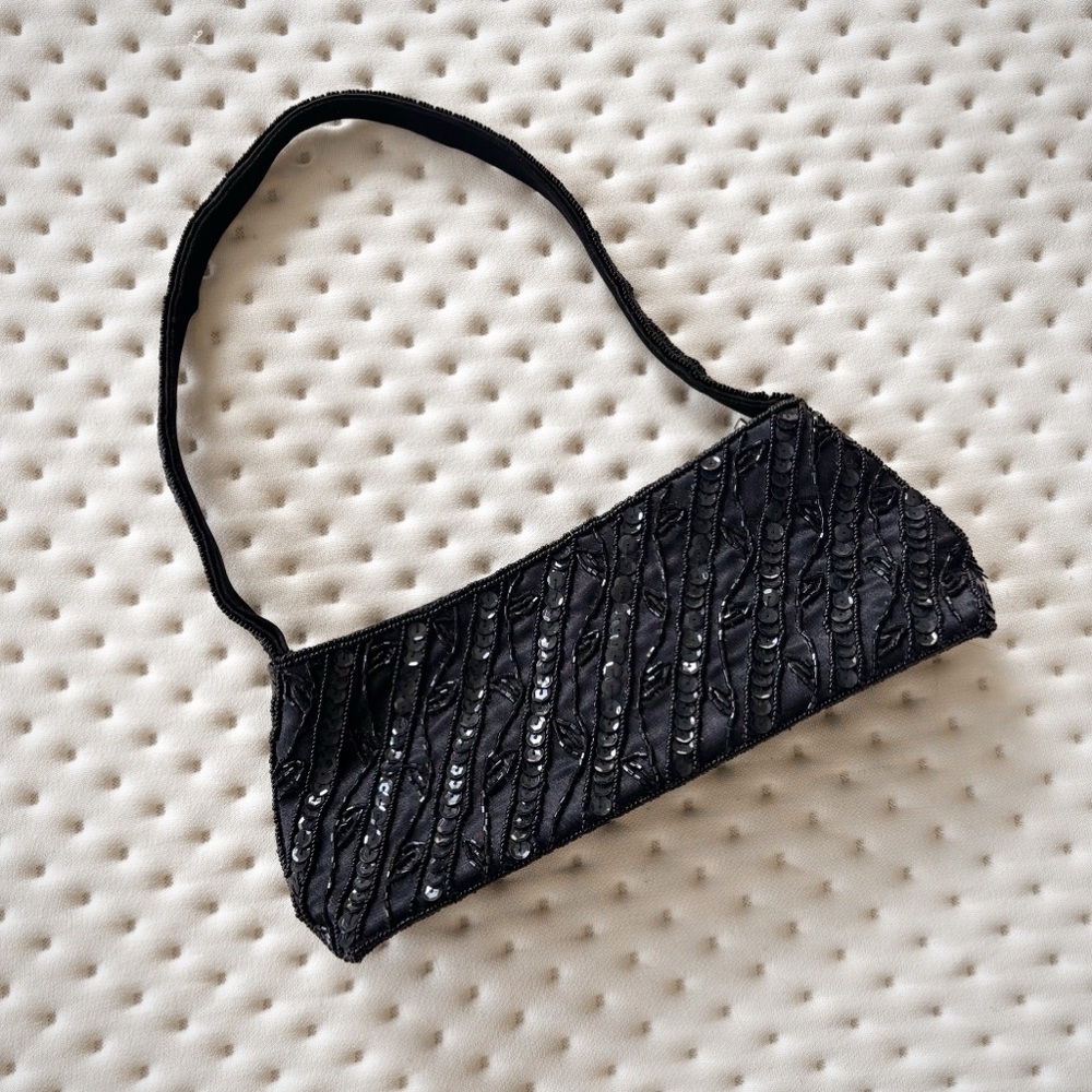 Vintage black beaded sequin & satin shoulder bag 90s y2k